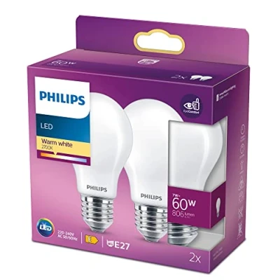 Image of Philips LED Classic A60 Frosted Light Bulb 2 Pack [E27 Edison Screw] 7W 60W Equivalent , Warm White 2700K, Non Dimmable