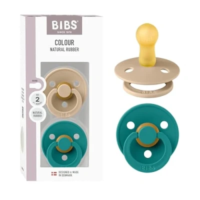 Image of BIBS Colour Soother 2 Pack, BPA Free Dummy Pacifier, Round Nipple. Natural Rubber Latex, Made in Denmark, Size (6 18 Months), Bubblegum/Peri