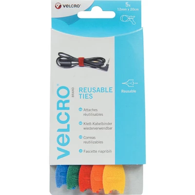 Image of Velcro Reusable Ties Assorted Colours 12mmx20cm Pack of 5