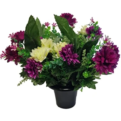 Image of INERRA Cemetery Grave Vase Pot with Purple and Ivory Artificial Flowers
