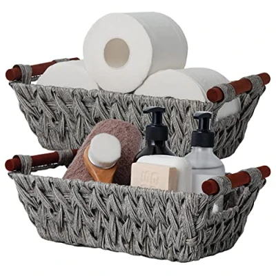 Image of GRANNY SAYS Wicker Storage Baskets for Shelves, Pack of 2 Wicker, Handwoven with Handles, Waterproof Organising, Small Storage, Grey