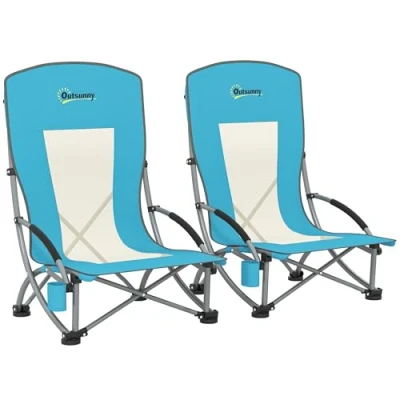 Image of Outsunny Set of 2 Folding Beach Chair, Low Camping Chair with Mesh Back, Carry Bag and Cup Holder for Garden Outdoor Picnic Festival Travel, Blue