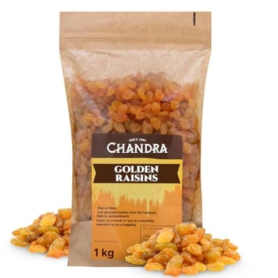 Image of Chandra Whole Foods Golden Raisins 1KG Low GI &amp; Fat Dried Grapes for Healthy Snacking, Smoothies, Salads, Baking Cooking Gluten Free Soy Sultanas, High in Fibre Antioxidants