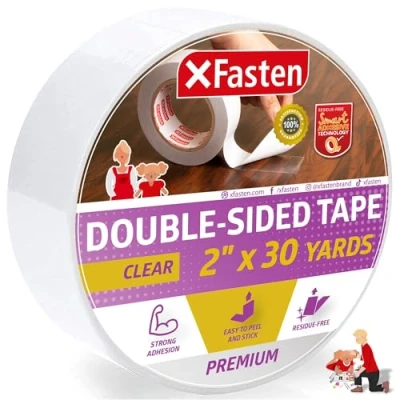 Image of XFasten Double Sided Tape Clear, Removable, 2 Inch by 30 Yards, Ideal as a Gift Wrap Tape, Holding Carpets, and Woodworking