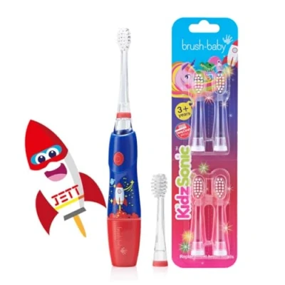 Image of KidzSonic Rocket Electric Toothbrush with 4 Pack Replacement Brush Heads Blast Off to Clean &amp; Healthy Smiles, Fun and Effective Oral Care for Kids