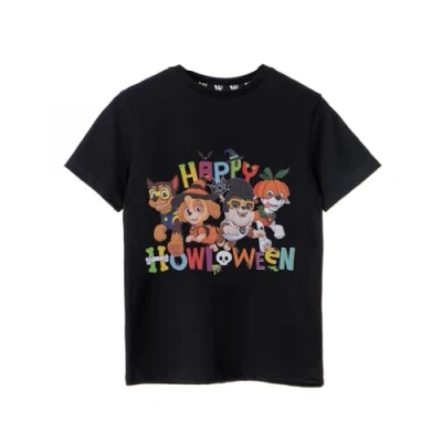 Image of Paw Patrol Kids T Shirt Happy Howloween Black Graphic Tee for Children Chase Skye Rubble Marshall Fun Short Sleeve Top Cute &amp; Spooky Halloween Cartoon Gift