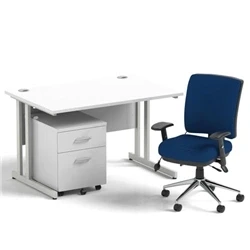 Image of Impulse 1200 Desk Cantilever White/Silver 2 Dr Mobile Ped Blue Chair