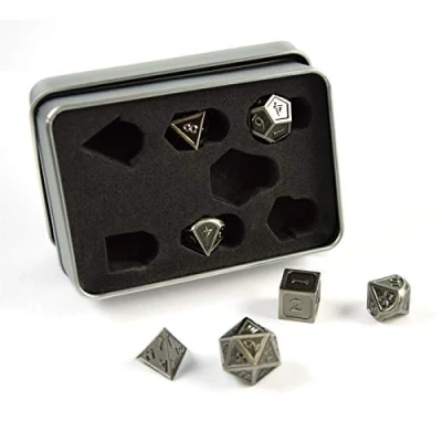 Image of 7x polyhedral Metal Steampunk dice set for role and tabletop games in silver including storage box