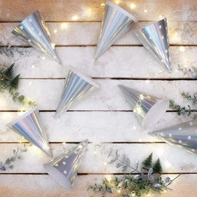 Image of On The Wall Silver Rainbow Foil Party Hats Queens Jubilee, Street Party, Birthdays, Christmas, New Years Eve 8 pack