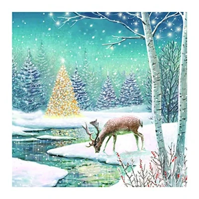 Image of GBCC Ling Design Box of 20 Artistic Charity Christmas Cards &#039;Deer Scene&#039; Winter Forest With Tree &amp; Deer From The Great British Card Company, Multicoloured, 124 x 124mm