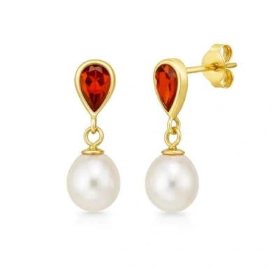 Image of Carissima Gold Women&#039;s 9 ct Yellow Garnet and Pearl 5 x 17 mm Teardrop Earrings