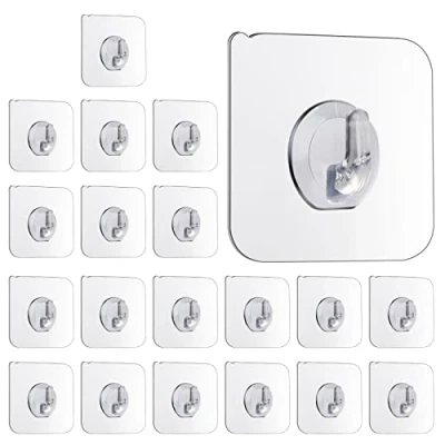 Image of 20PCS Self Adhesive Hooks Transparent Stick on Bathroom Wall Heavy Duty Invisible Sticky Back Plastic for Towels, Clothes, Keys