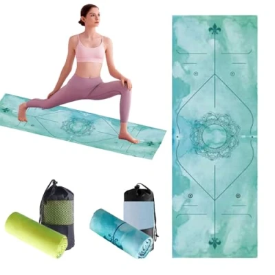 Image of Yoga Mat Towel Gym Travel Non Slip Hot Quick Dry Fitness&amp;Exercise Sweat Absorbent Blanket with Mesh Carrying Bag