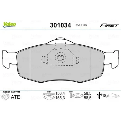 Image of 1073731, 1079347, 1095201, 1096942, 1130759 Brake pad set VALEO 301034 FIRST Front Axle excl. wear warning contact without anti squeak plate