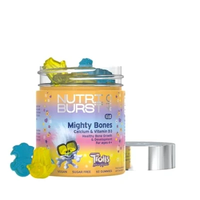Image of Nutriburst Trolls Kids Mighty Bones Vitamin D3 + Calcium Chewable Healthy Bone Development (25µg) (240mg) Vegan Sugar Free Strawberry Flavour 60 Gummies