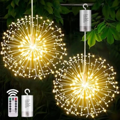 Image of yowin Hanging Christmas Firework Lights 2 Pack 198 LED Starburst Battery Operated, 8 Modes Waterproof Ball with Remote for Porch Xmas Tree Outdoor Indoor Decorations