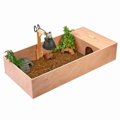 Image of KCT Large Wooden Tortoise Table Reptile Vivarium Cage Hide with Open Run and Lamp Arm