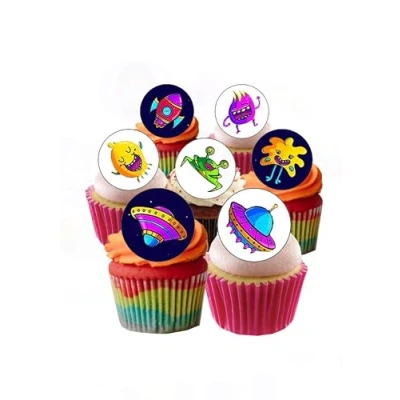 Image of 24 PRE Cut Cute Aliens &amp; Spaceships Edible Wafer Paper Round Cake Toppers Decorations