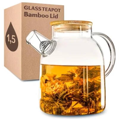 Image of Cosumy Glass Teapot 1500ml Large with Spout Strainer for Loose Leaf Tea / 53 Oz Bamboo Lid Heat Resistant Jug Dishwasher Safe Stovetop
