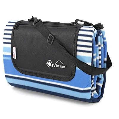 Image of Vinsani 200 x 180cm Folding Picnic Blanket Waterproof &amp; Sandproof Backing Ideal for Camping Outdoor Blue Stripe Rug Mat with Carry Handle