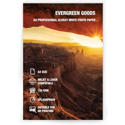 Image of Evergreen Goods 50 Sheets A4 Glossy White Double Sided Photo Paper 120 GSM, Inkjet &amp; Laser Printable, High Resolution for Printing, Scrapbooking, Cards Crafts