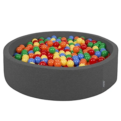 Image of KiddyMoon Soft Ball Pit Round 120X30cm/600 Balls ∅ 7Cm / 2.75In For Kids, Foam Pool Baby Playballs Children, Made In The EU, Dark Grey:Yellow Green Blue Red Orange