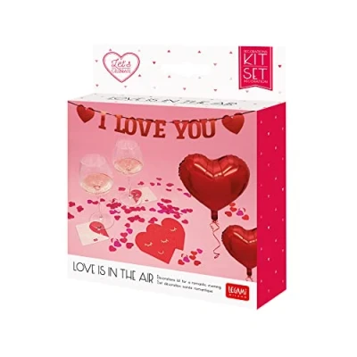 Image of Legami Romantic Evening Decoration Set, Paper Garland, 2 Heart Card Coasters, 5 Balloons, Napkins, Two Tone Confetti