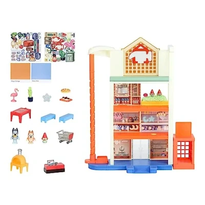 Image of Bluey Hammerbarn Shopping Playset, 4 Level, 22&quot; Tall Playset With Working Lift and Trolley Return, Including Lights 45+ Sounds