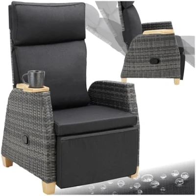 Image of TecTake® Reclining Armchair with Adjustable Back &amp; Footrest, Thick Padding, Aluminium Frame, UV Resistant Polyrattan, Water Repellent Covers Solid Wooden Legs Patio Garden Furniture Grey