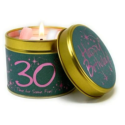 Image of Lily Flame Happy Birthday 30th Scented Candle Tin Sparkling Deep Pink on Teal with a Sweet Floral Scent Cruelty Free and Vegan Friendly