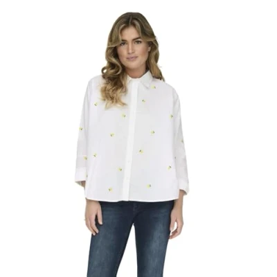 Image of ONLY Women&#039;s Onlnew Lina Grace Ls Emb Shirt Noos WVN Long Sleeve Blouse, Bright White/AOP: Lemon, M