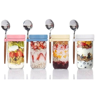 Image of TempFoo Overnight Oats Jar Container set 4, 600ml Glass Mason Jars with Lids and Spoon, Cereal Milk Vegetable Fruit Salad Jam Protein porridge Clear Storage Containers, Breakfast Pots Lid (No.1)