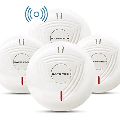 Image of SAFE TECH Wireless Interconnected Smoke Alarm, Detector 10 Year Battery with Photoelectric Sensor, Fire Alarm LED Indicator Low and Fault Warning for House Bedroom, 4 Pack