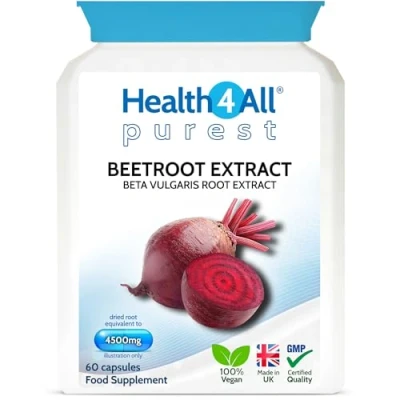 Image of Beetroot Extract 4500mg 60 Capsules (V). (not Tablets) Purest: no additives Vegan Supplement standardised to nitrates Contents. Made in The UK by Health4All