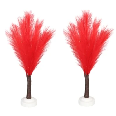 Image of SHATCHI 2Pcs 70cm Red Feather Tree Table Lamp Warm White LEDs Lighted Pampas Battery Operated Decorative Night Light for Christmas, Home, Events, Holiday Decorations