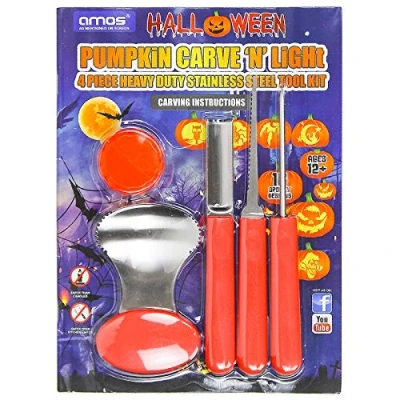 Image of AMOS Heavy Duty Halloween Pumpkin Carving Set W/ 4 Tools, Battery Operated LED Lights, 16 Stencil Design Pattern Book Accessories