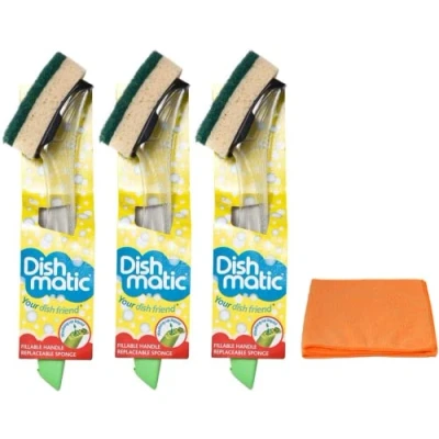 Image of 3X Fillable Washing up Brush and Sponge Bundle Easy Grip Dish Cleaner with Ultra Absorbent Microfibre Cleaning Cloth