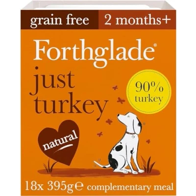 Image of Forthglade Complementary Wet Dog Food (18 x 395g Trays) Just Turkey with Vegetables, 90% Turkey, Grain Free Stomach Sensitive Natural Ingredients, Hypoallergenic