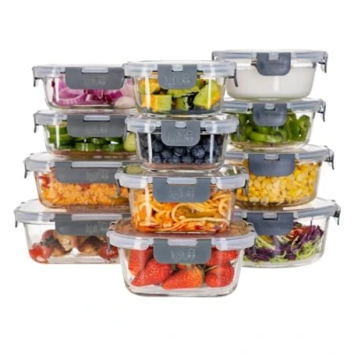 Image of Igluu Meal Prep Glass Containers with Lids (12 Pack: 4 Rectangle, Square, Round) Reusable Containers, Microwave, Oven, Freezer &amp; Dishwasher Safe Leakproof Food Storage