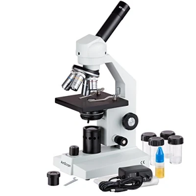 Image of AmScope M500C LED Cordless Monocular Compound Microscope, WF10x and WF25x Eyepieces, 40x 2500x Magnification, Anti Mold Optics, Illumination, Brightfield, Abbe Condenser, Coarse Fine Focus, Plain Stage, 110V or Battery