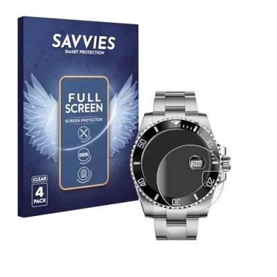 Image of Savvies (4 Pack Full Screen Protection Film compatible with Rolex Submariner (Date) Cover Protector 3D Curved [Edge to Edge]