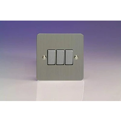 Image of XFS3D Varilight Ultra Flat Plate Brushed Chrome Metal Inserts 3 Gang 2 Way 10A Light Switch