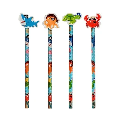 Image of Puckator Ahoy Ocean Pirate Friends Pencil with Eraser Topper Pencils Rubbers Erasers Stationary Set for School &amp; Office Cute Back To Gifts