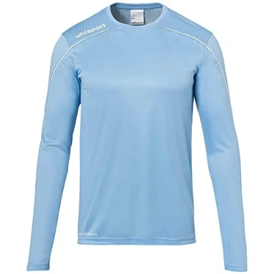 Image of Uhlsport Stream 22 Long Sleeve Jersey Junior, White/Azure Blue, Moisture Wicking Dry Tech Kids, Size 24/26