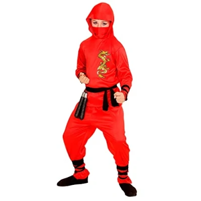 Image of WIDMANN 01337 Dragon Ninja Children&#039;s Costume, Hooded Top, Trousers, Belt, Face Mask, Red, 140 cm / 8 10 Years