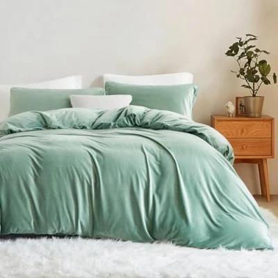 Image of Lanqinglv Flannel Fleece Bed Linen 135 x 200 cm Green Light Plush Fluffy Winter Warm Cashmere Touch Flannelette Plain Duvet Cover with Zip and Pillowcase 80