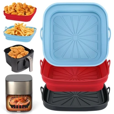 Image of Alyvisun Air Fryer Liners 3PCS Reusable Silicone Tray Foldable Kitchen Basket Versatile Square Baking Pot Accessories for Airfryer, Microwave, Oven, Red+Black+Sky Blue
