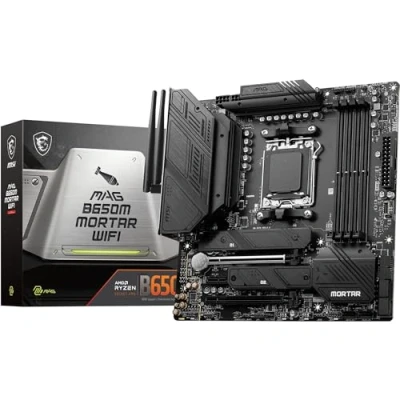 Image of MSI MAG B650M MORTAR WIFI Motherboard, Micro ATX Supports AMD Ryzen 9000 Series Processors, AM5 12 Duet Rail 80A VRM, DDR5 Memory Boost 6400+MHz/OC, 2 x PCIe 4.0 x16, M.2 Gen4, Wi Fi 6E