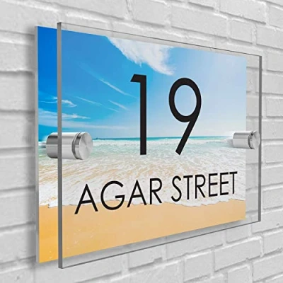 Image of Personalised House Number Plaque in Rectangle shape Glass Effect Acrylic Sign Door Plate Wall Display Premium Quality 2 Part Choose Your Own Design &amp; Font (Beach Theme)