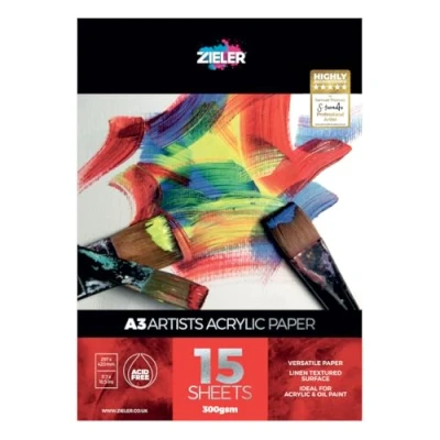 Image of Acrylic Painting Pad 300gsm Paper, 15 Sheets by Zieler™ Linen Textured Surface &amp; Acid Free. Ideal for Painting. (A3)